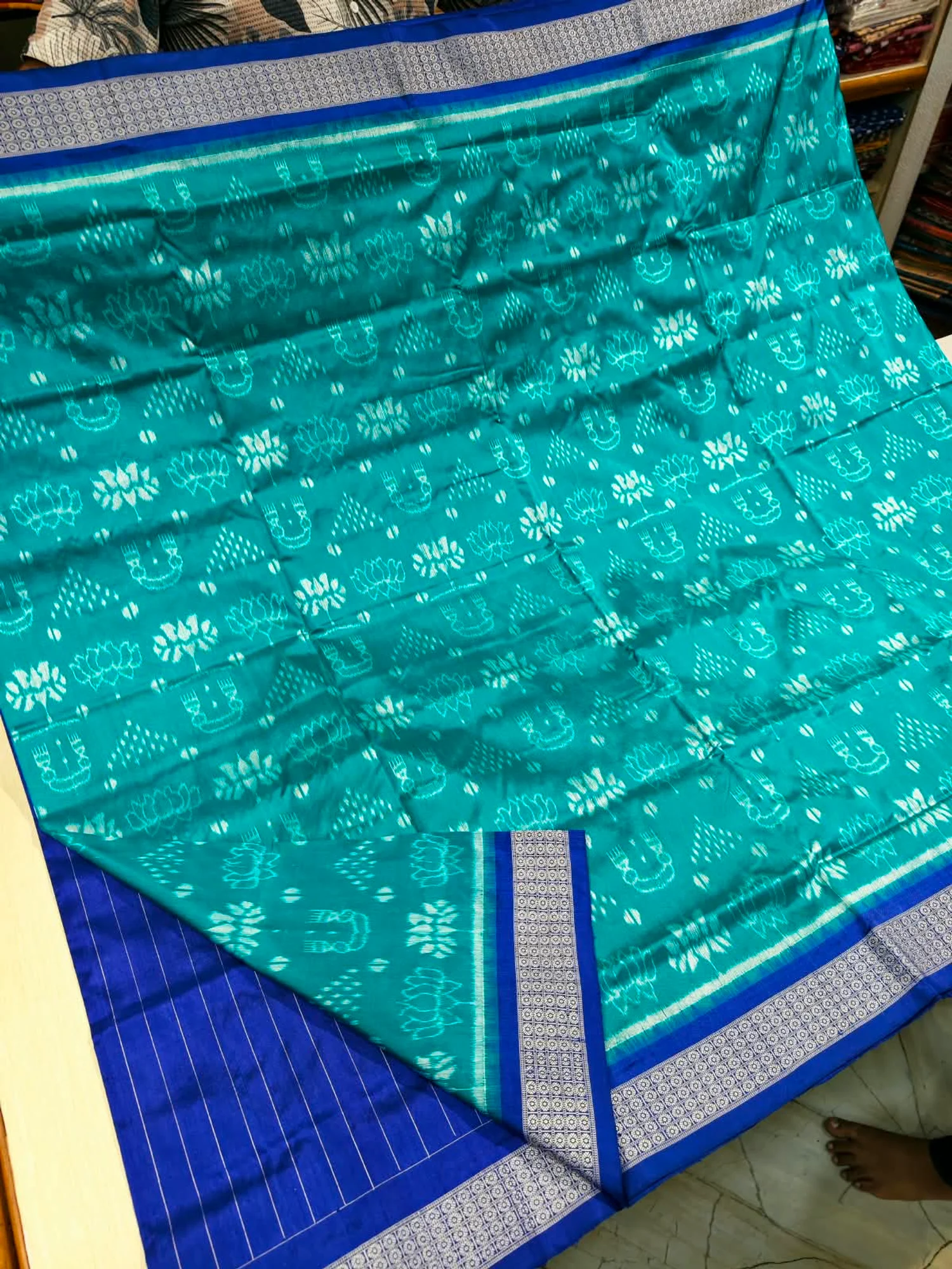Sambalpuri Exclusive Dasavataram Full Tissue Silk Saree with Blouse Piece – Turquoise Sea Green & Royal Blue — Sambalpuri saree