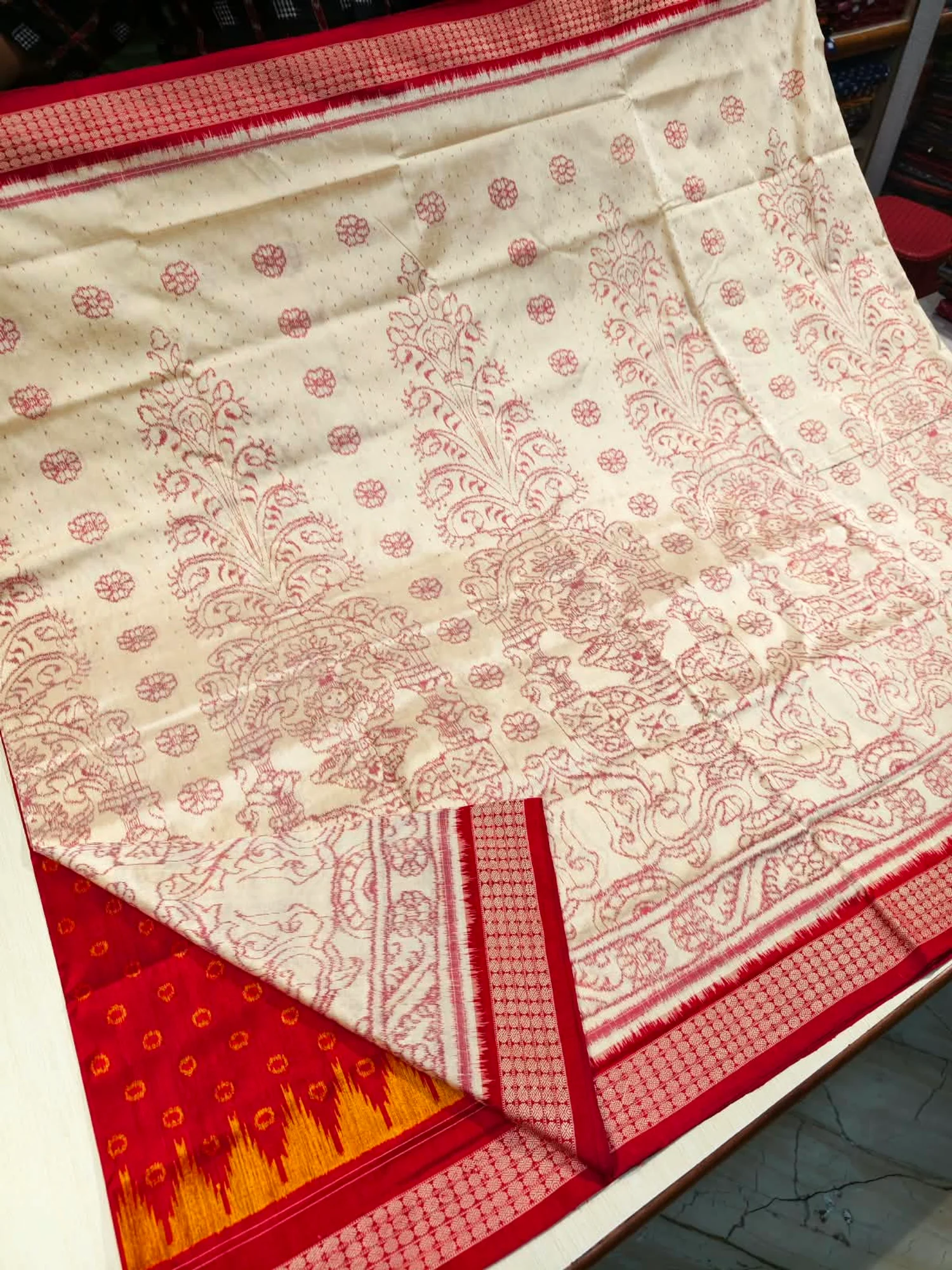 Sambalpuri Exclusive Dasavataram Full Tissue Silk Saree with Blouse Piece – Ivory & Crimson Red — Sambalpuri saree