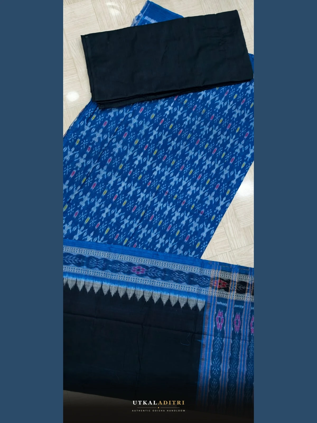 Sambalpuri Bandha Pure Cotton 3-Piece Dress Material – Royal Blue Folk Figures & Jet Black view 2