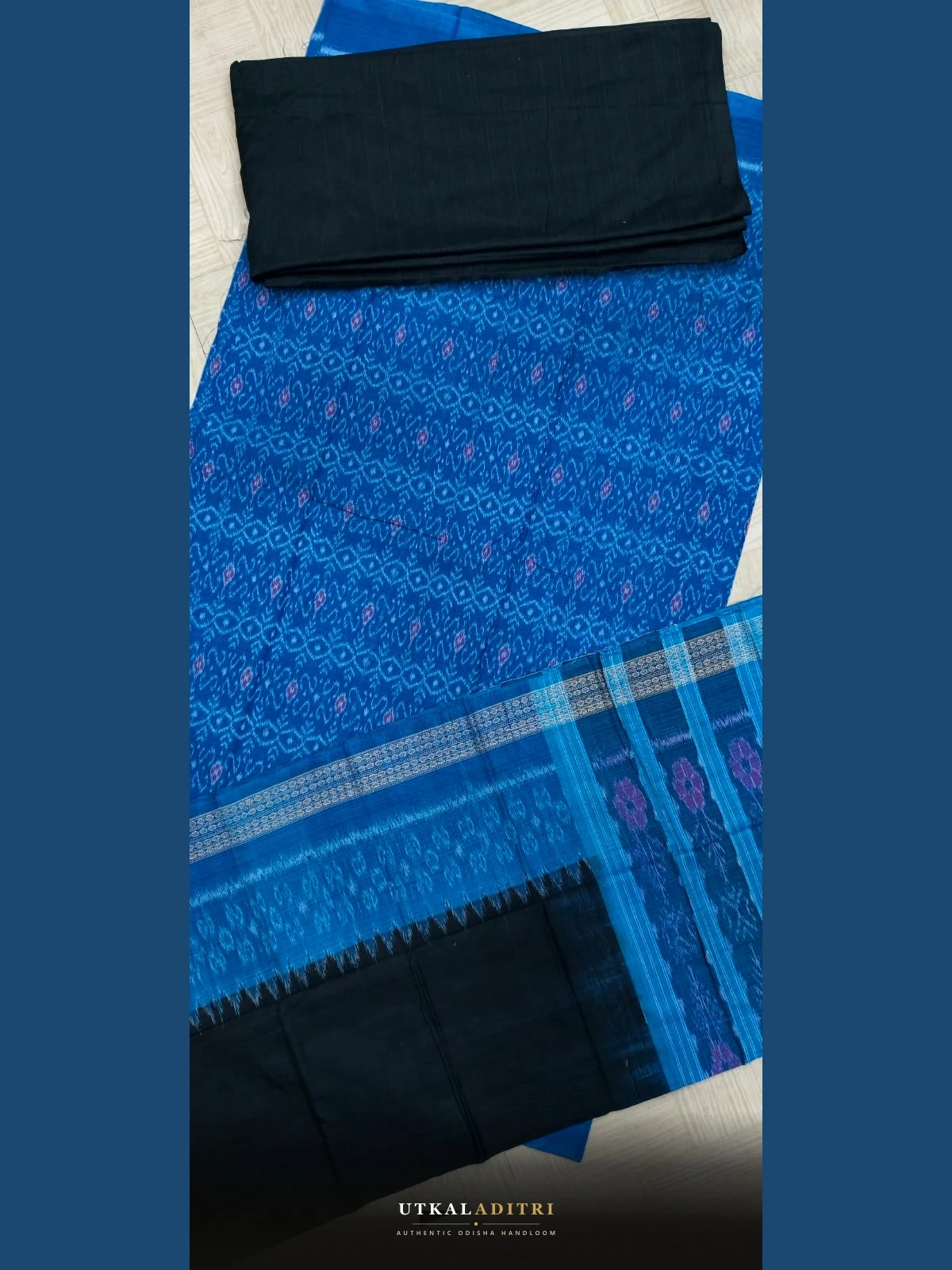 Sambalpuri Bandha Pure Cotton 3-Piece Dress Material – Royal Blue Geometric Ikat & Jet Black view 2